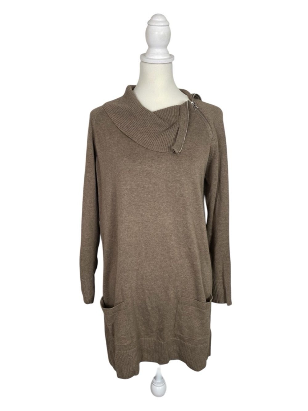 Cynthia Rowley Merino Wool Tunic Sweater L/XL Brown Zip Collar Cozy Knit Pockets